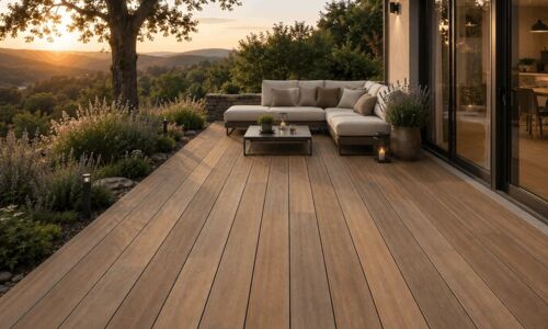 Terrasse aus WPC-Dielen mit Lounge im Abendlicht 
