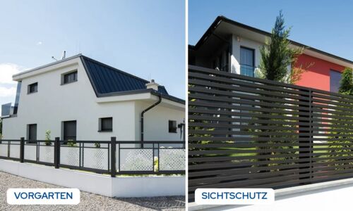 Niedriger Zaun auf Sockel zur Straße und hoher Sichtschutzzaun im Vergleich 