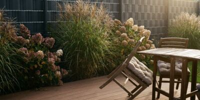 Terrasse mit WPC-Dielen, dahinter ein Sichtschutzzaun in Anthrazit Terrasse und Zaun in einer Linie gedacht: Erst dadurch wird aus zwei Bauteilen ein Raum