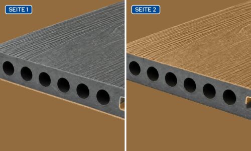 Dieselbe WPC-Diele von beiden Seiten, links grau, rechts in Holzton 