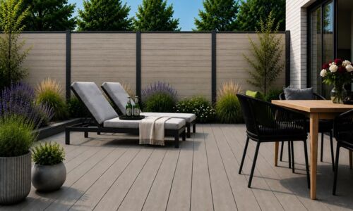 Graue WPC-Terrasse mit WPC-Zaun und zwei Liegen 